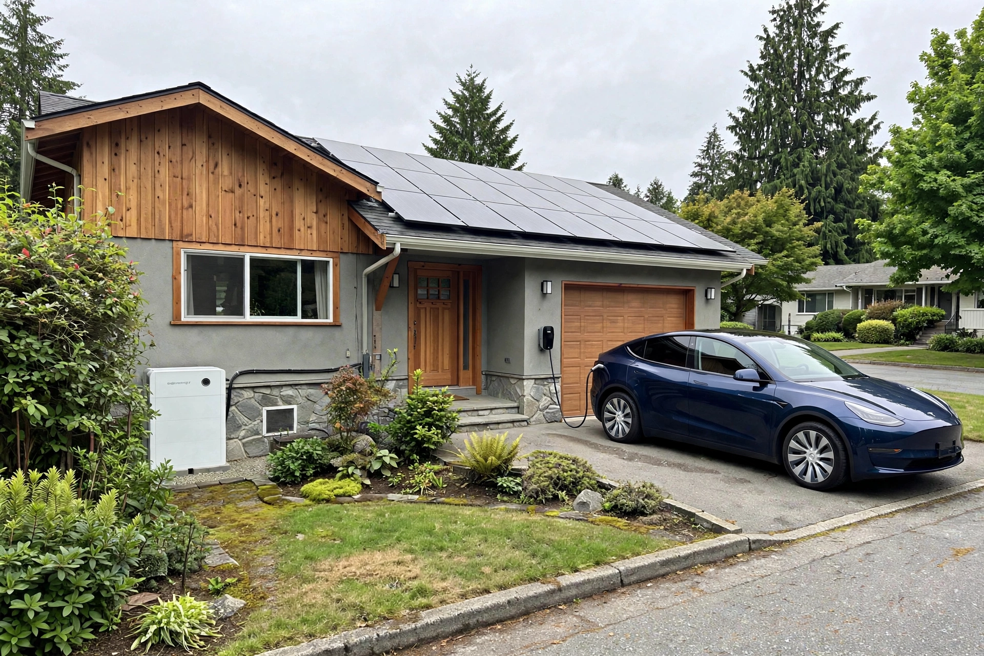 Wood-clad home with rooftop solar, home battery storage and an electric car charging beside the garage